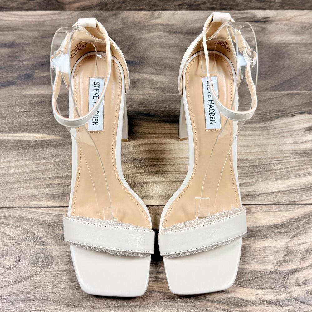NIB Steve Madden 8.5M Tiaa Leather Two Piece Ankle Strap Block Heel Sandal Bone - Picture 3 of 13